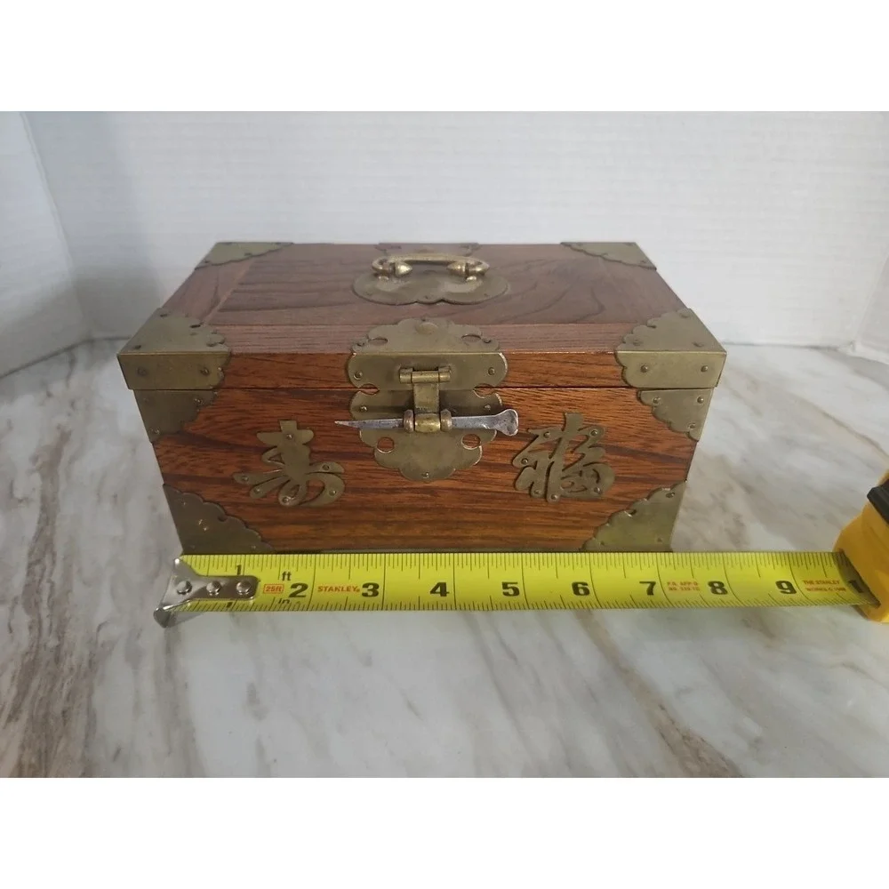 Antique Chinese Wood Jewelry Box Ornate Brass Accents Lined Pull Out Shelf